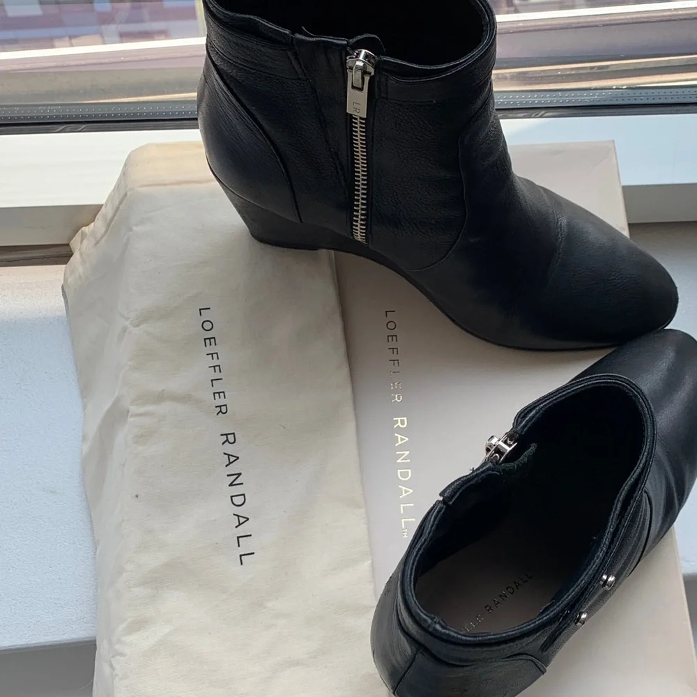 Loeffler Randall Black Leather Wedge Ankle Boots